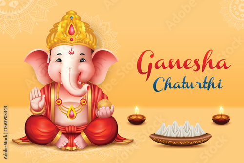Lord Ganesha Sitting Yellow Color Background With Mandala Elements. Ganesha Chaturthi Festival Sale Celebration For Greeting Card, Invitation, E-commerce Banners.