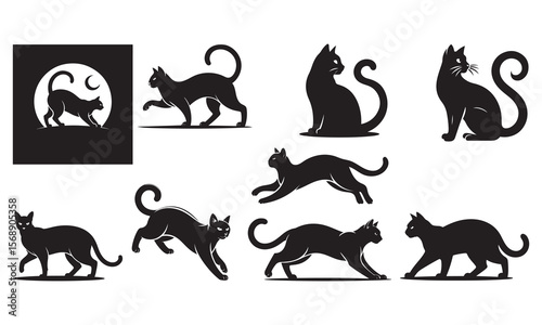 Black cat silhouettes in various poses. Perfect for logos, decals, apparel design.