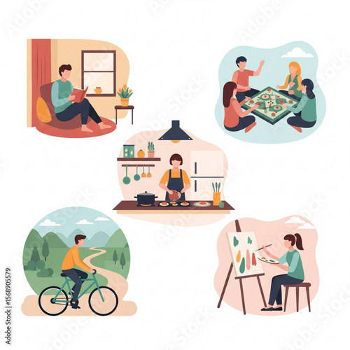 Flat design vector illustration of weekend leisure activities: reading books, playing board games, cooking, biking, and painting, in soft pastel color palette