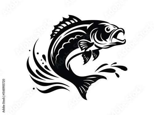 Largemouth bass fish vector silhouette. Large bass fish in the mount jumping from the water