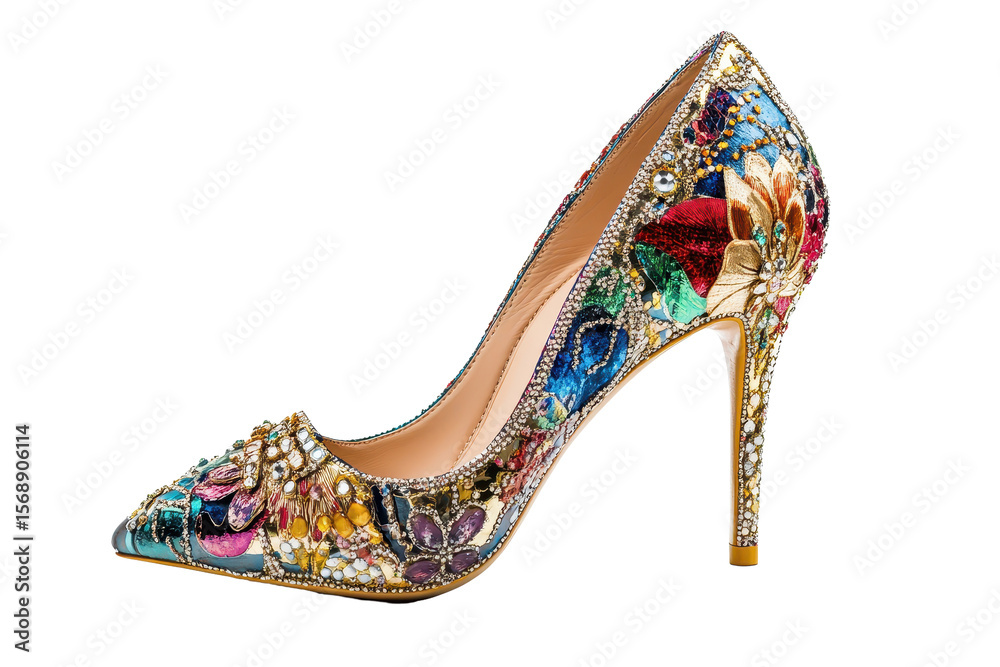 Obraz premium Luxury high heeled shoe with intricate floral designs and beading on a pristine white background, showcasing exquisite craftsmanship and vibrant colors perfect for elegant occasions