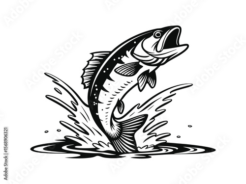 Jumping bass fish with water splash in black silhouette. Large mouth bass fish vector silhouette
