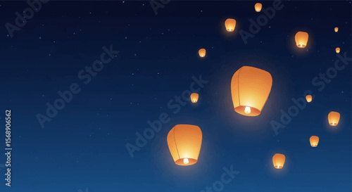 Stylized Floating Lanterns in Night Sky Banner with Stars and Ample Copy Space for Hopeful August Messaging