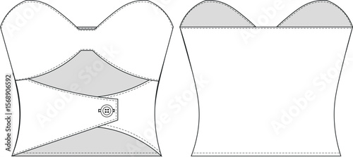 sleeveless strapless sweetheart neck buttoned lowcut cutout buttoned cropped crop bluse top bustier jean denim template technical drawing flat sketch cad mockup fashion woman design style model 
