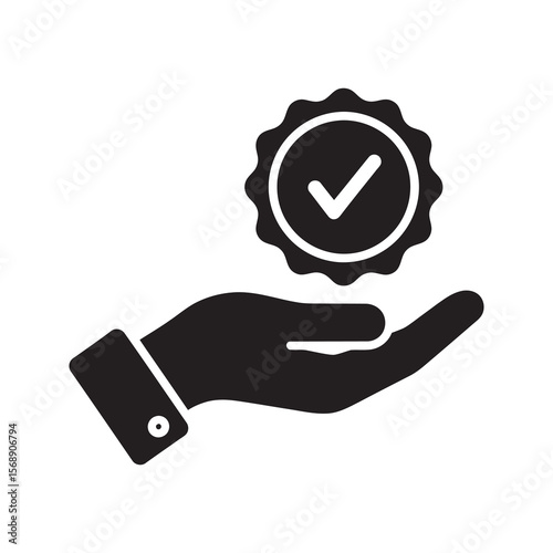 Quality service icon with hand offering certified product badge representing guarantee value and customer trust for business standard and satisfaction vector solid glyph