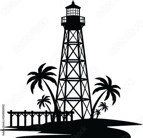 Silhouette of a coastal lighthouse, palm trees, and a pier, set against a simple seascape.