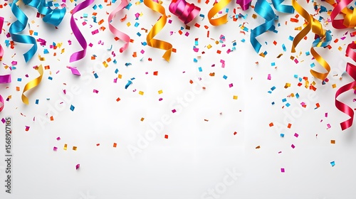 Multi colored confetti falling on white background.