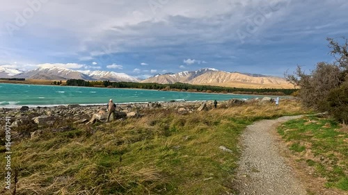 Wallpaper Mural People Walking Along Windy Lakeside Path in New Zealand Torontodigital.ca