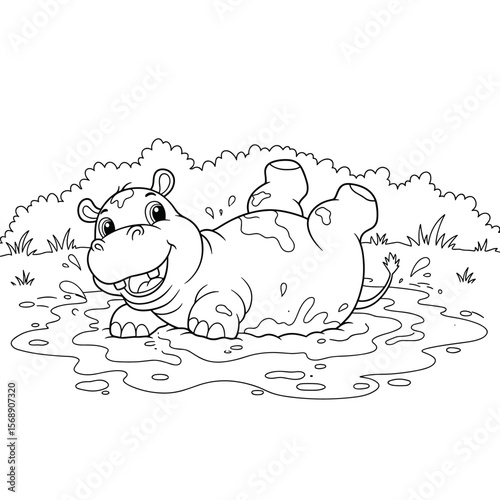 A cartoon hippopotamus lies on its back in a puddle with a joyful smile, surrounded by grass and bushes, drawn in black-and-white line art.
