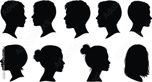 Silhouettes of diverse male and female head profiles, hairstyle variations, black vector side views, isolated on white background, portrait icons