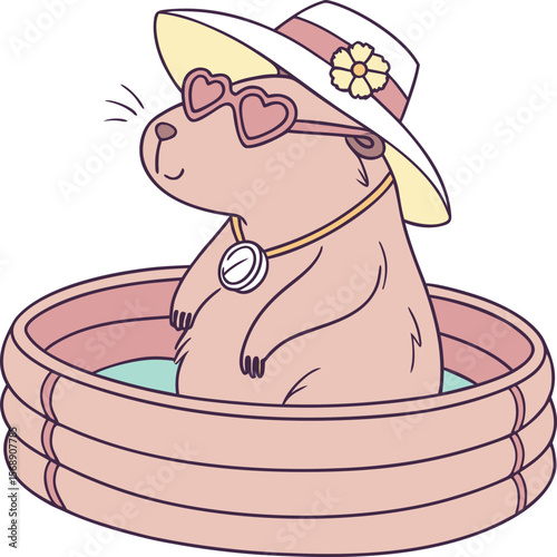 Cute capybara wearing heart sunglasses and a sun hat relaxing in a pool silhouette