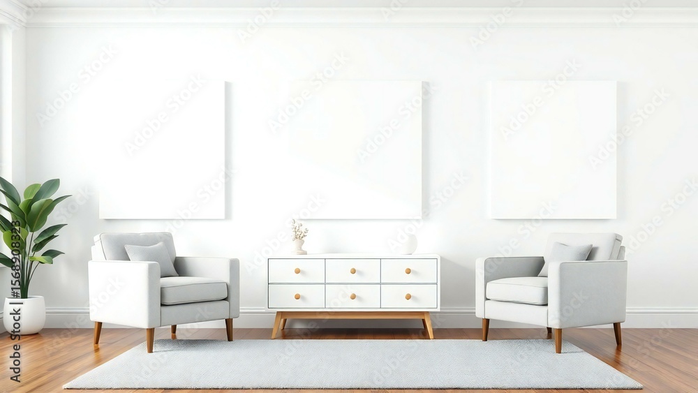 Fototapeta premium Minimalist living room with two armchairs and a white dresser
