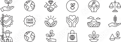 Fair Trade, Sustainability line icon set. Vector pictograms of ethical practices, eco-friendly initiatives, global responsibility, thin linear illustration.Vector icon set of fair trade .