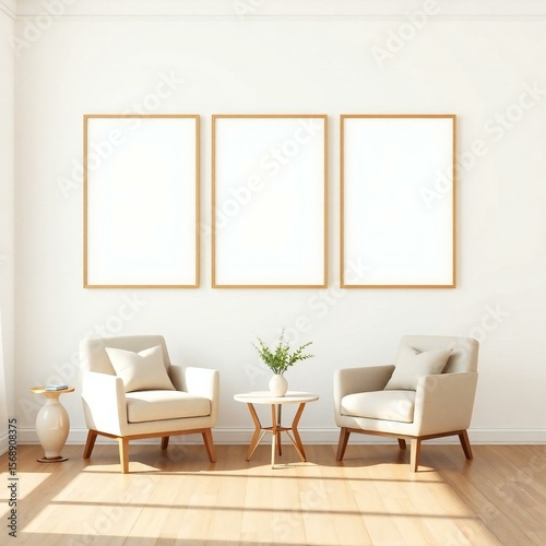 Minimalist living room with three empty picture frames and cozy armchairs