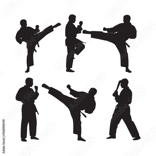 Six Black Silhouettes of Karateka Executing Various Martial Arts Moves Including Kicks Punches and a Staff Technique Against a White Background