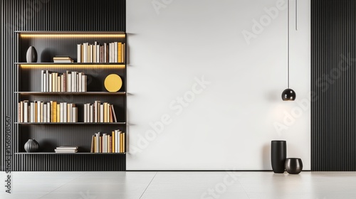Sleek office wall with built-in shelves displaying books and decorative items: A refined and modern office interior showcasing a clean wall with custom-built shelves filled with books, elegant decor,