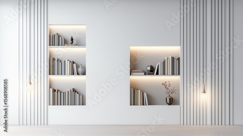 Sleek office wall with built-in shelves displaying books and decorative items: A refined and modern office interior showcasing a clean wall with custom-built shelves filled with books, elegant decor,