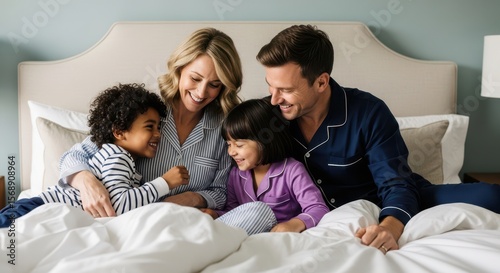 Happy Multiracial Family Enjoying Cozy Morning Together in Bed