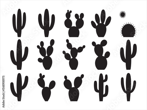 Collection of black silhouette cactus plants and prickly pear varieties on white background