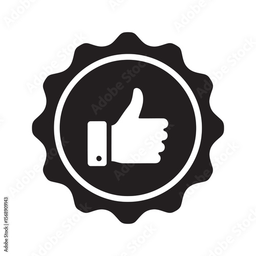 Approval badge icon with thumbs up representing customer satisfaction and positive feedback for best quality product and excellent service choice vector solid glyph