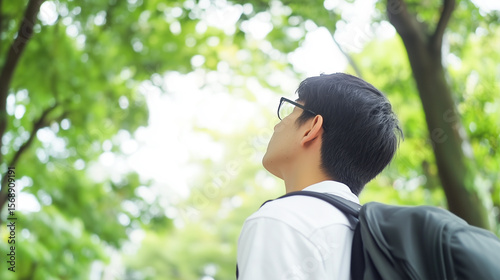 Male students looking up at trees in the forest.