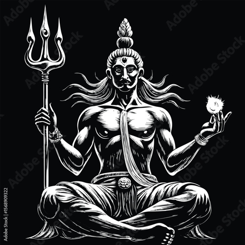 "Black and white illustration of Lord Shiva in deep meditation, adorned with sacred jewelry and flowing hair."