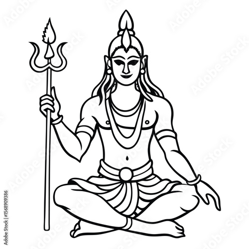 "Black and white illustration of Lord Shiva in deep meditation, adorned with sacred jewelry and flowing hair."