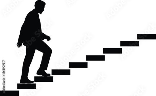 Silhouette of man climbing stairs steps to success career growth achievement progress motivation goal 