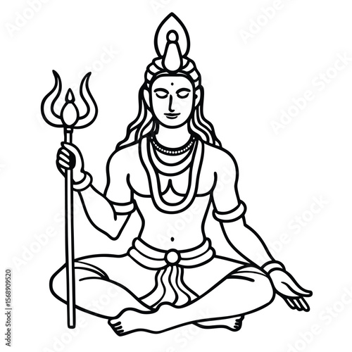 "Black and white illustration of Lord Shiva in deep meditation, adorned with sacred jewelry and flowing hair."