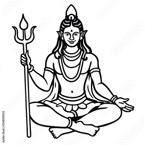 "Black and white illustration of Lord Shiva in deep meditation, adorned with sacred jewelry and flowing hair."
