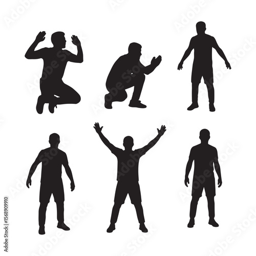 Six Black Silhouettes of Men in Various Poses Against White Background Male Figures Displaying Different Actions and Attitudes Sports Team Player Silhouettes Set
