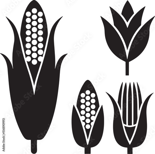 Collection of corn cob icons and leaves silhouette isolated on white background