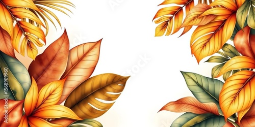 Watercolor tropical leaves, brown, yellow, gold line art Exotic plants, banner design, brown, nature