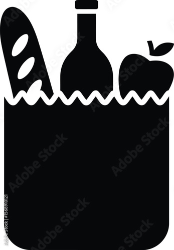 Vector grocery bag icon illustration with food wine bread apple for online shop and market design