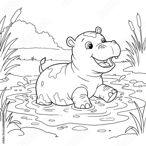 A cheerful baby hippopotamus plays in a pond, surrounded by reeds, grass, bushes, and trees, drawn in black-and-white line art.