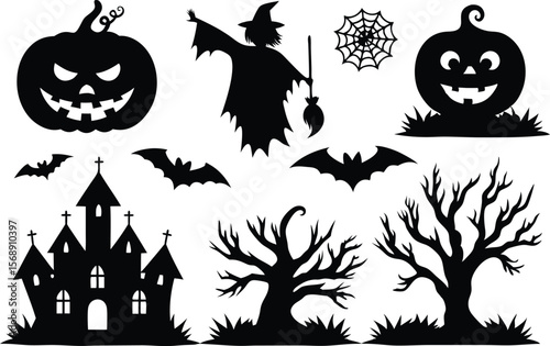 Halloween silhouette set, Halloween all vector bundle, 