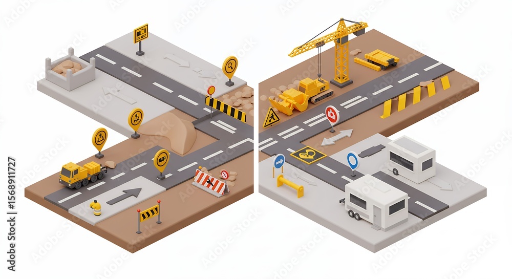 Isometric road construction project illustration Isometric road construction project illustration