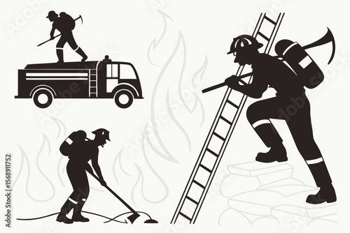 Firefighter Silhouettes — Heroes in Action, Fire Hose, Helmet, Truck, Rescue Scene for Apparel, Decals & Signage

