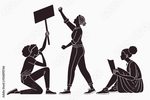 Feminist Power Silhouettes — Raised Fists, Victory Pose, Protest Women, Group Unity, and Sisterhood for Posters & Apparel