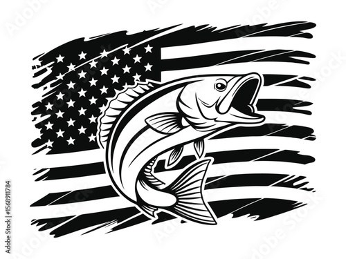 Bass fish USA flag distressed. Bass fish silhouette  with USA flag distress effect | high-quality vector image for digital art, crafts, and patriotic projects
