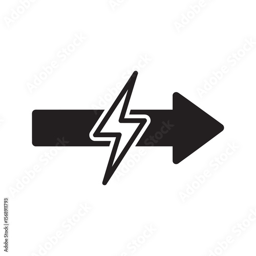 Energy flow icon with arrow and lightning bolt representing electricity transmission power direction and fast charging technology for electric current vector solid glyph