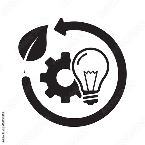 Sustainable technology cycle icon with leaf gear and lightbulb representing green innovation for renewable energy and eco friendly production process vector solid glyph