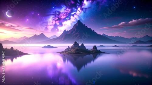 Wallpaper Mural Serene mountain lake at dawn, with a celestial sky reflected in the water Torontodigital.ca