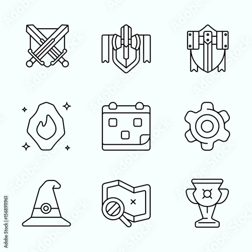 A outline style collection of fantasy RPG game icons including swords, shields, magic hat, map, gear, and trophies. Ideal for mobile game UI, fantasy adventure themes, and gaming assets