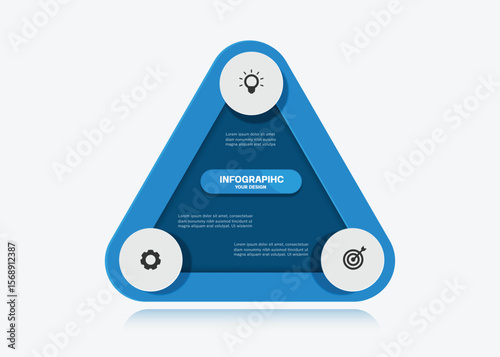 Blue triangle infographic template for 3 headings of text or information and the center for the main heading text, vector 3d illustration isolated on white background for create and design