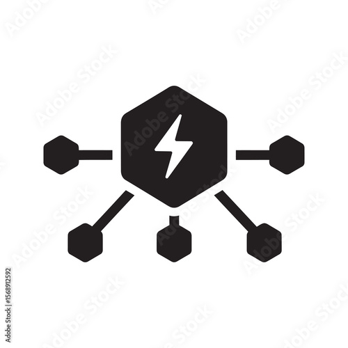 Energy distribution network icon with central lightning bolt connecting nodes representing smart grid technology for electricity supply and power system vector solid glyph
