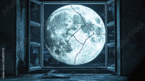Cracked moon seen through a dusty window