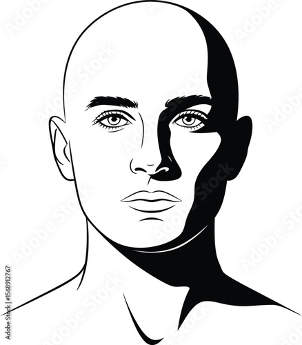 Bald head vector art illustration of a woman face with shadows for graphic design and drawing needs