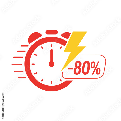 Ikon flat bergambar jam merah dan petir dengan tulisan -80%, lengkap dengan garis-garis kecepatan. Simbol kuat untuk urgensi penawaran ecommerce.