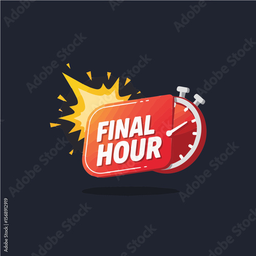 Vector ilustrasi jam alarm merah dengan efek percikan dan tulisan tebal “FINAL HOUR”. Ideal untuk promosi diskon menit terakhir di ecommerce.